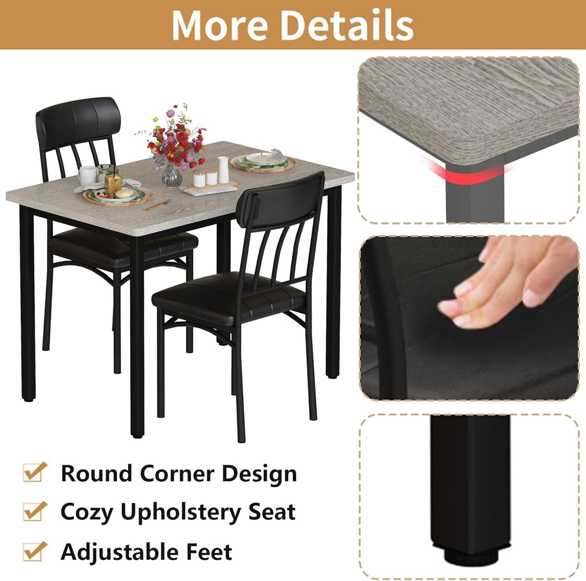MOOSENG 3-Piece Dining Table Set for 2, Modern Style Kitchen Table and 2 Chairs, Compact Industrial Breakfast Nook Set for Small Spaces, Apartments, Living Room