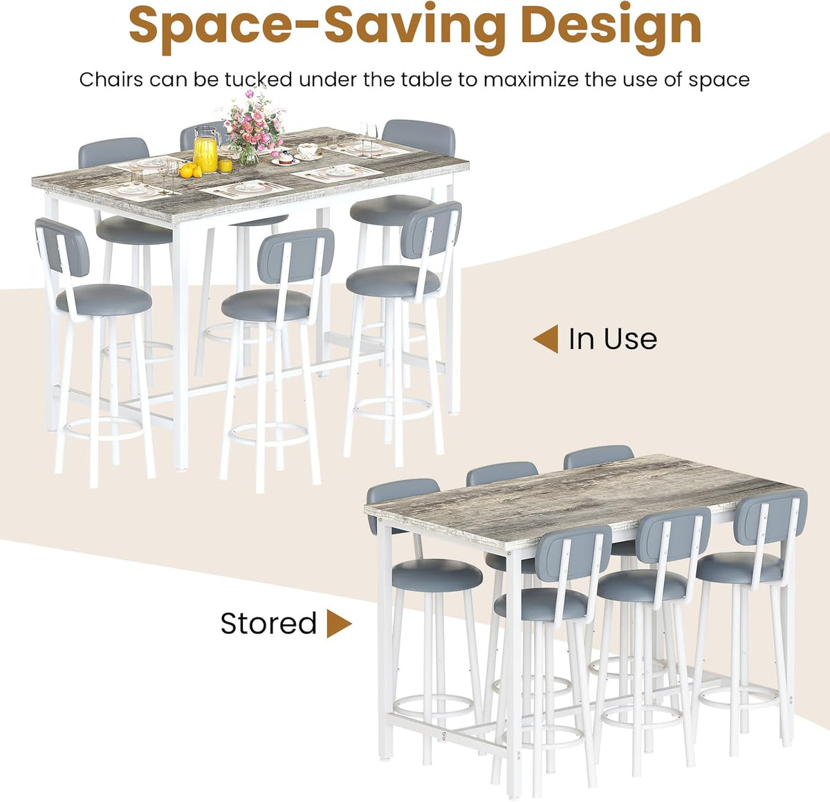 7-Piece Dining Table Set for 6, 50" Wood High-Dining Bistro Set with 6 Backrest Cushion Stools, Saving Space Pub and Chairs Sets for Bar, Kitchen, Gray