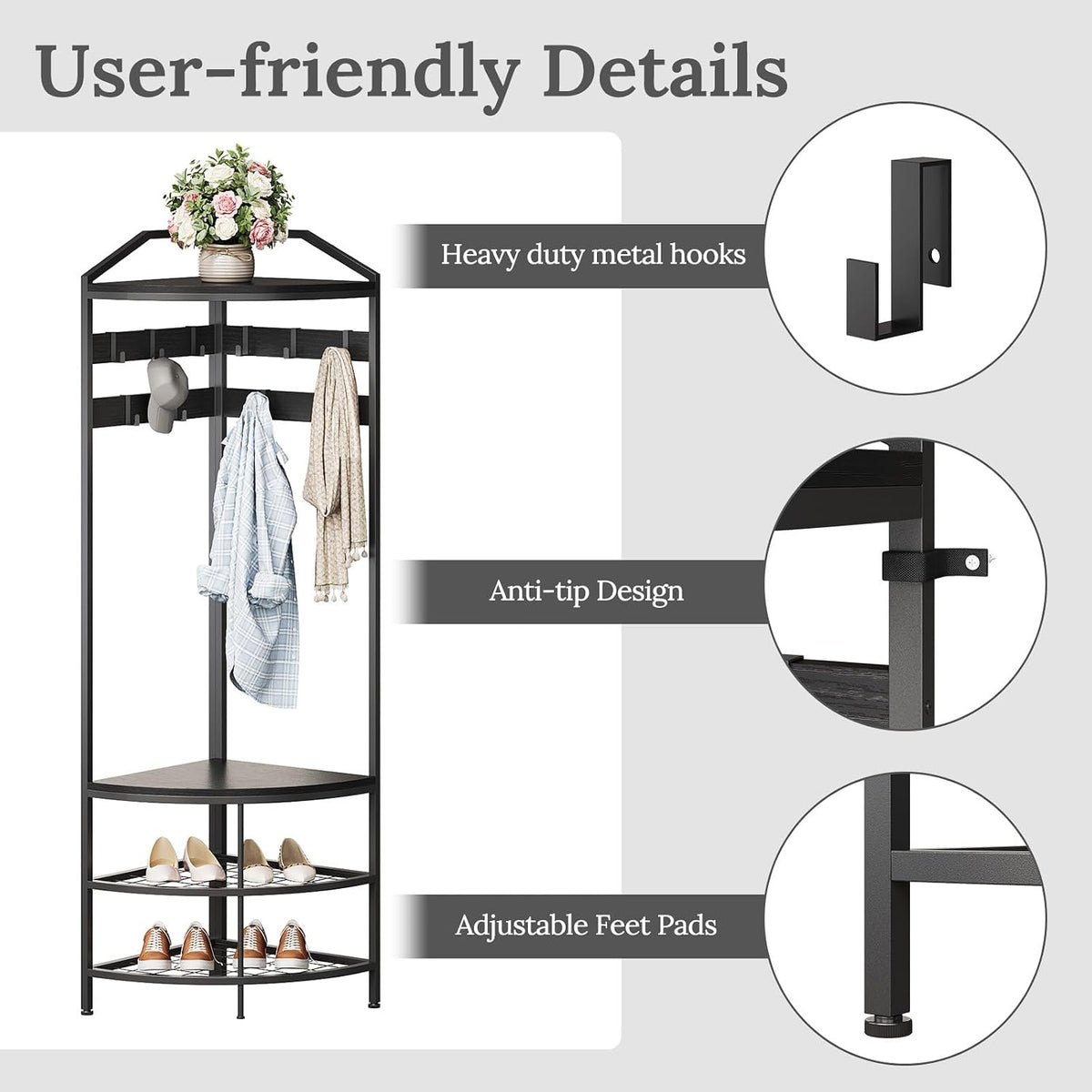 Cvortll 4-Tier Corner Coat Rack, Farmhouse Entryway Hall Tree with Shoe Storage and Hooks, Wood Corner Rack Clothes Shoe Shelf Organizer for Home