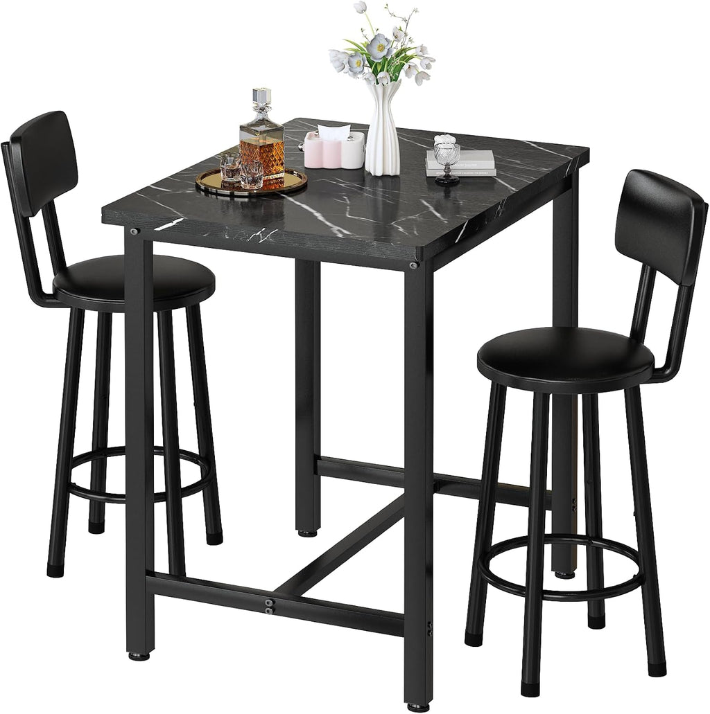 MOOSENG 3 Piece Counter Height Dining Table Set for 2, Bar Table Set of 2 Bistro Kitchen Table Sets with 2 PU Leather Bar Stools, Bar Table Set for Breakfast Nook Small Space