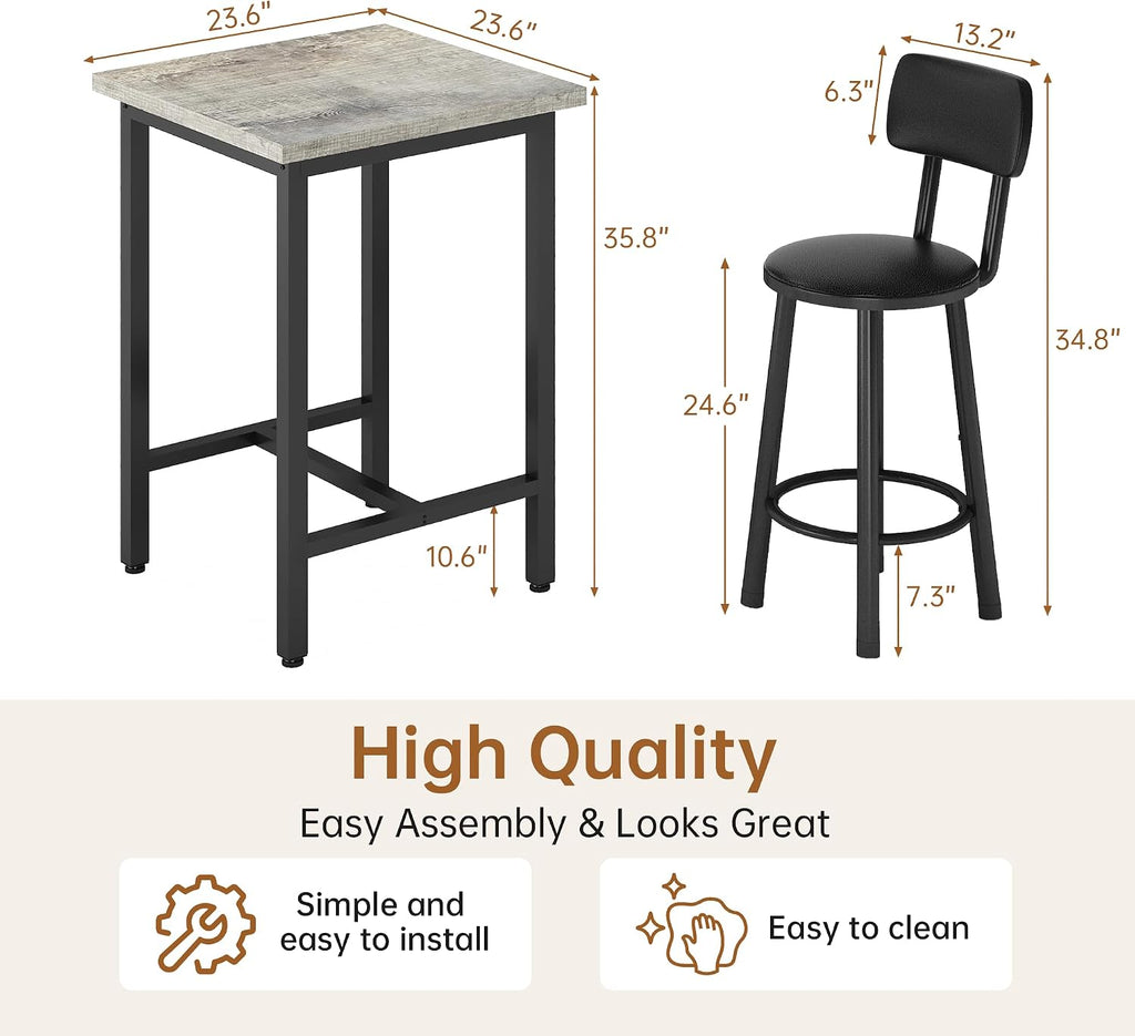 MOOSENG 3 Piece Counter Height Dining Table Set for 2, Bar Table Set of 2 Bistro Kitchen Table Sets with 2 PU Leather Bar Stools, Bar Table Set for Breakfast Nook Small Space