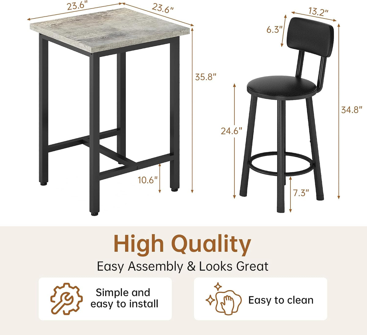 MOOSENG 3 Piece Counter Height Dining Table Set for 2, Bar Table Set of 2 Bistro Kitchen Table Sets with 2 PU Leather Bar Stools, Bar Table Set for Breakfast Nook Small Space