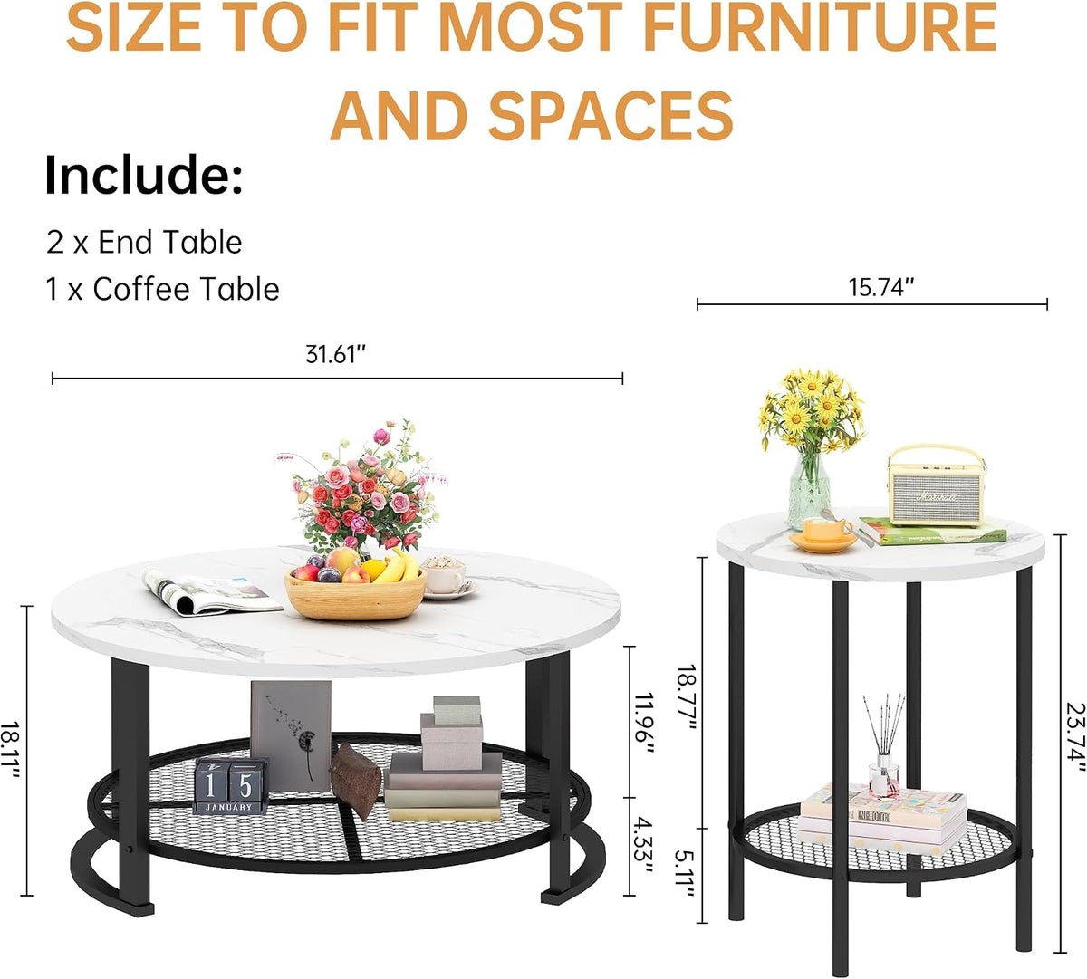 MOOSENG Coffee Table Set of 3, Industrial Vintage Wood Coffee Table with 2 Square End Side Tables, Easy Assembly Living Room Table Set for Offices, Living Rooms and Apartments