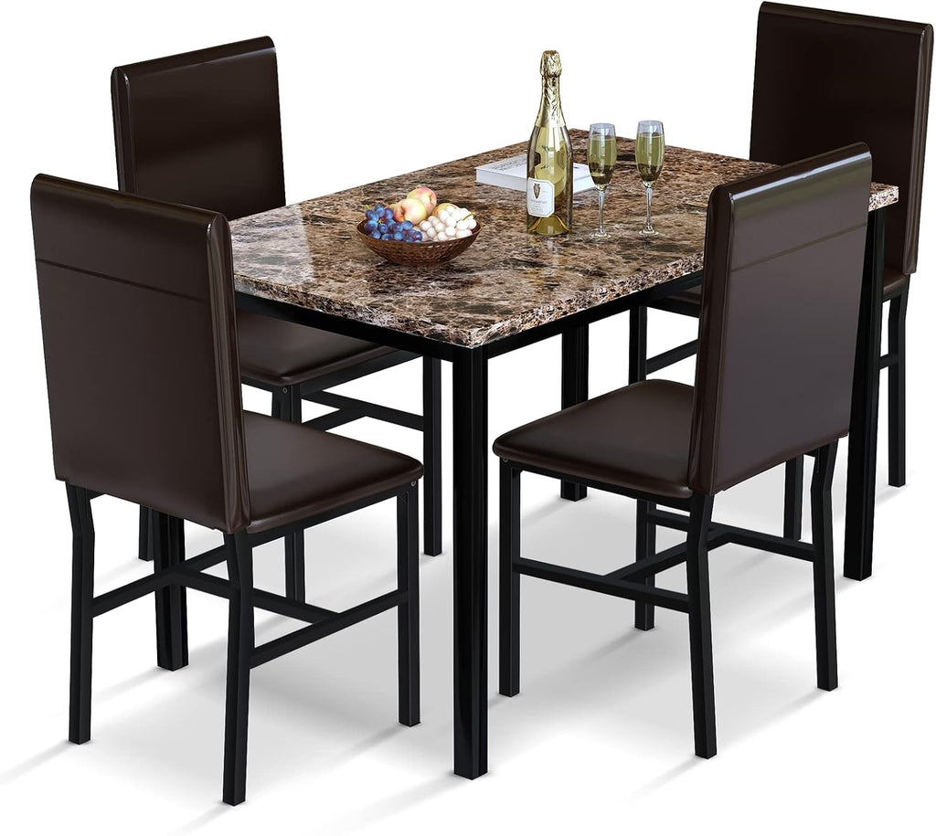 Cvortll Dining Table Set for 4, Modern Faux Marble Kitchen Table Set with 4 Leather Upholstered Chairs, 5-Piece Dinette for Dining Room, Nooks