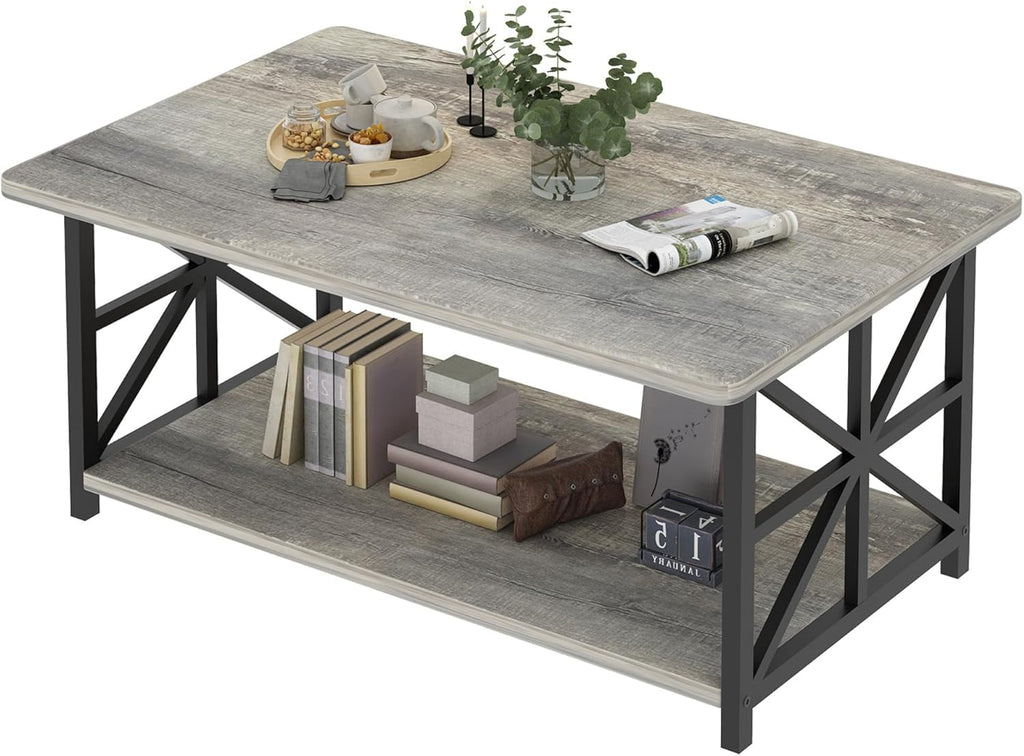 MOOSENG Coffee Table with Storage Shelf, 2-Tier Industrial Living Room Table Round Corners , Faux Marble Center Table with Metal Frame, Rustic Cocktail Table for Living Room