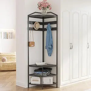 Cvortll 4-Tier Corner Coat Rack, Farmhouse Entryway Hall Tree with Shoe Storage and Hooks, Wood Corner Rack Clothes Shoe Shelf Organizer for Home