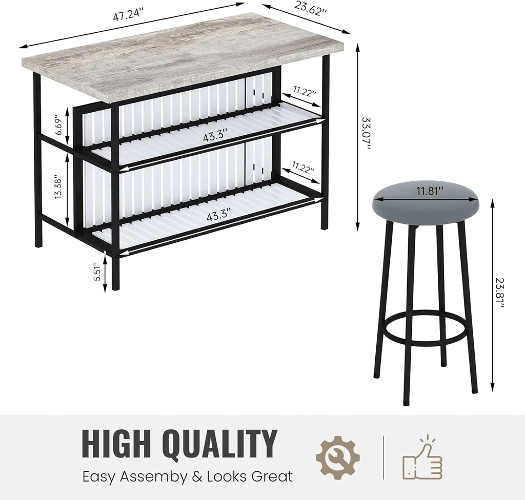 MOOSENG 3-Piece Kitchen Island Set with Storage, Wooden Bar Table and 2 Stools, Industrial Modern Counter Height Dining Table Sets for Small Spaces, Dining Room