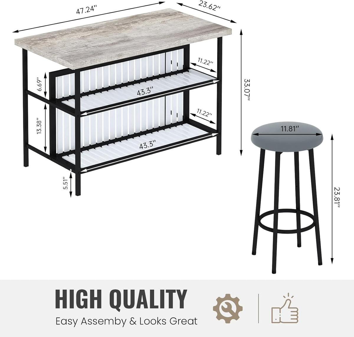 MOOSENG 3-Piece Kitchen Island Set with Storage, Wooden Bar Table and 2 Stools, Industrial Modern Counter Height Dining Table Sets for Small Spaces, Dining Room