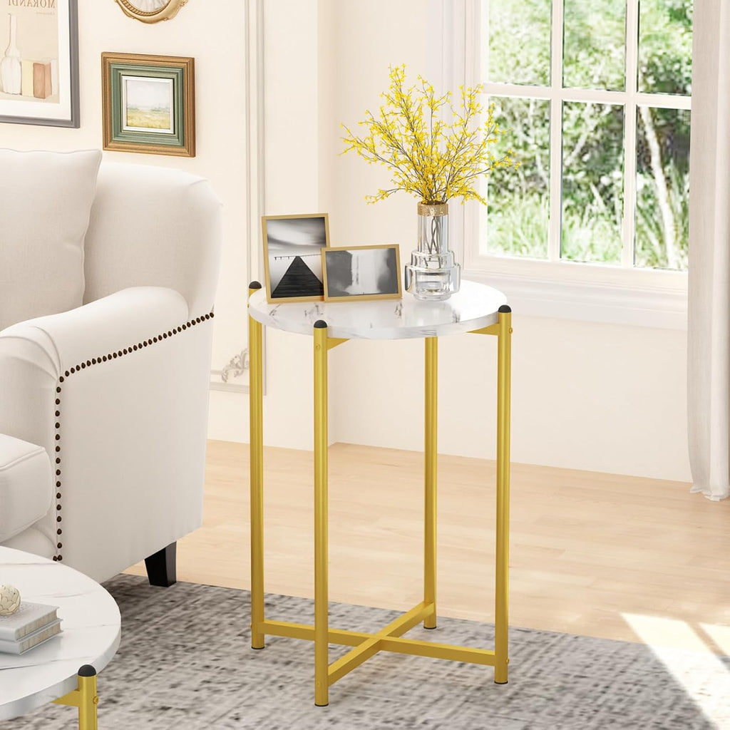 Cvortll Coffee Table Set of 3, Round Faux Marble Top with Cross Metal Frame, Modern Living Room Table for Apartment （White & Gold）
