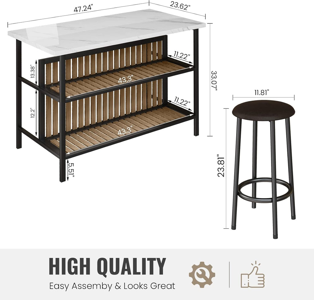 MOOSENG 3-Piece Kitchen Island Set with Storage, Wooden Bar Table and 2 Stools, Industrial Modern Counter Height Dining Table Sets for Small Spaces, Dining Room