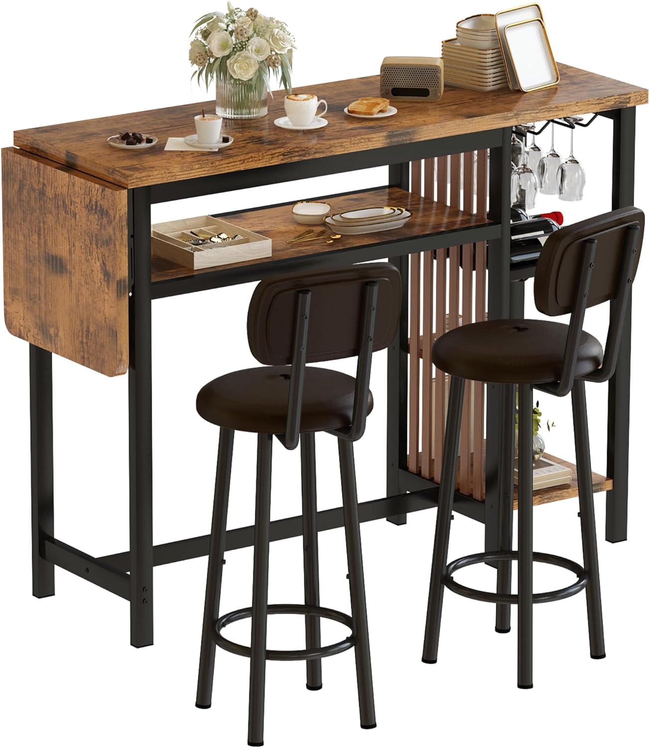 LinkRomat Bar Table Set, Modern Kitchen Dining Table with 4 Storage Shelves and 2 PU Back Stools for Kitchen and Breakfast Nook, Expandable 59 Inch