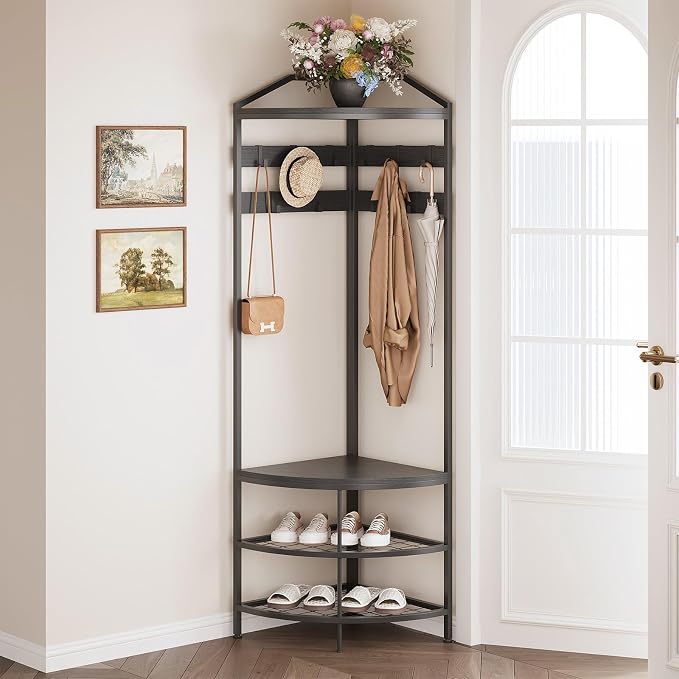 Cvortll 4-Tier Corner Coat Rack, Farmhouse Entryway Hall Tree with Shoe Storage and Hooks, Wood Corner Rack Clothes Shoe Shelf Organizer for Home