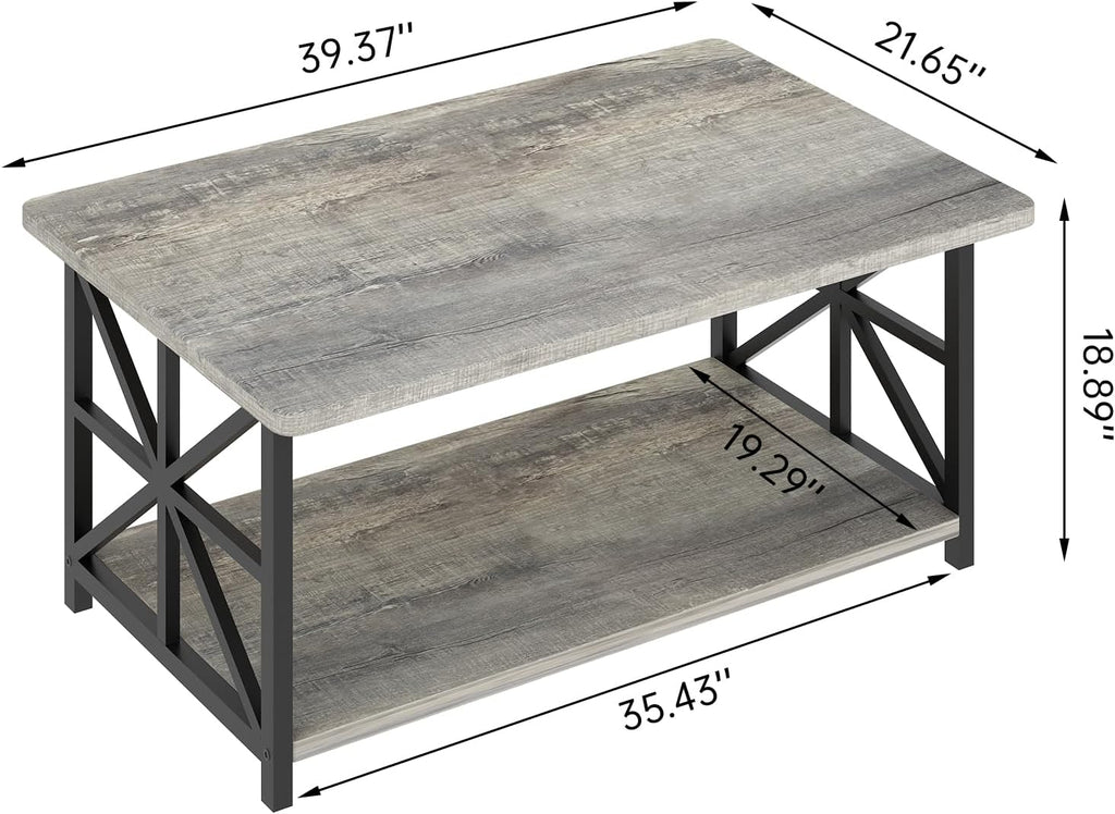 MOOSENG Coffee Table with Storage Shelf, 2-Tier Industrial Living Room Table Round Corners , Faux Marble Center Table with Metal Frame, Rustic Cocktail Table for Living Room