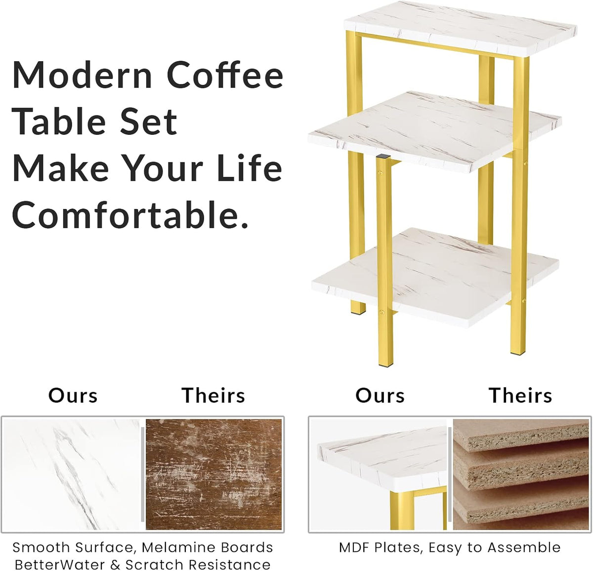 Cvortll Faux Marble Coffee Table With Metal Frame,Coffee Tables for Living Room With Storage,Durable and Dirt Resistant, Easy to Clean,White