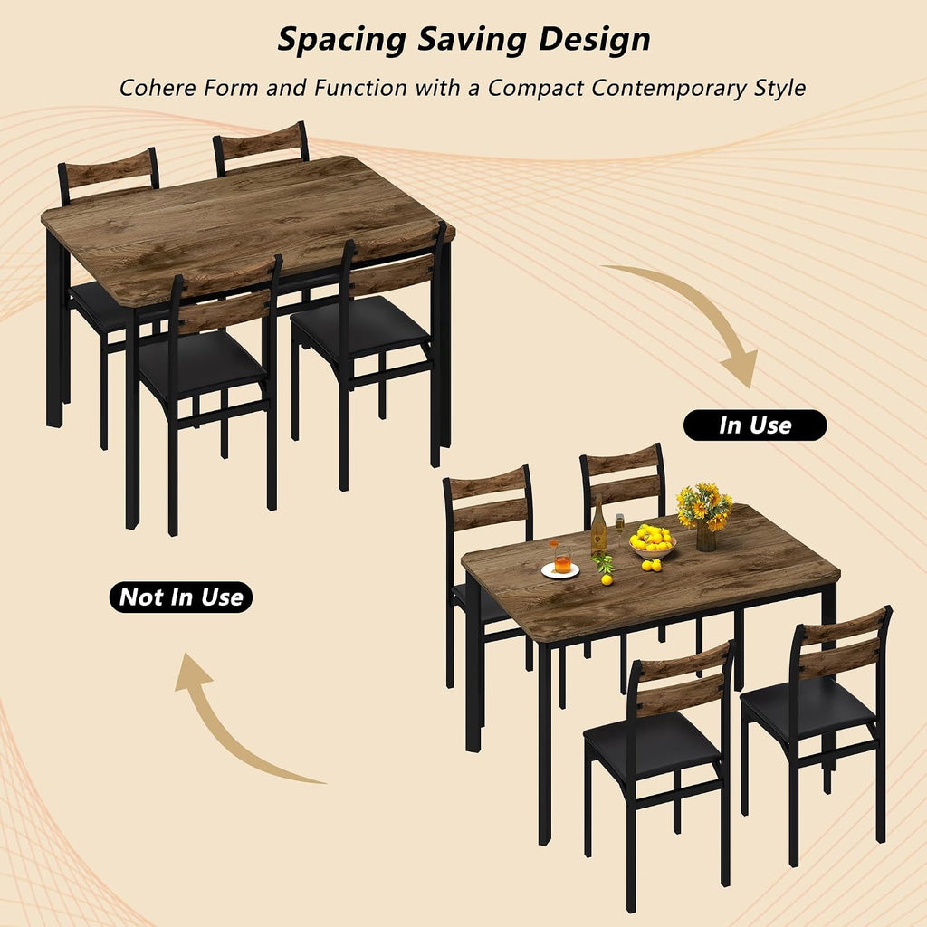 Cvortll Rectangle Wooden Dining Table Set for 4 with PU Leather Chairs, Modern Kitchen Table Set, Brown