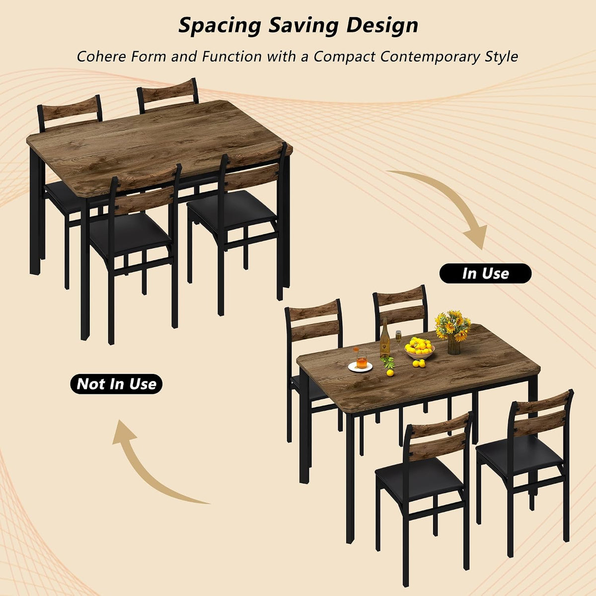 Cvortll Rectangle Wooden Dining Table Set for 4 with PU Leather Chairs, Modern Kitchen Table Set, Brown