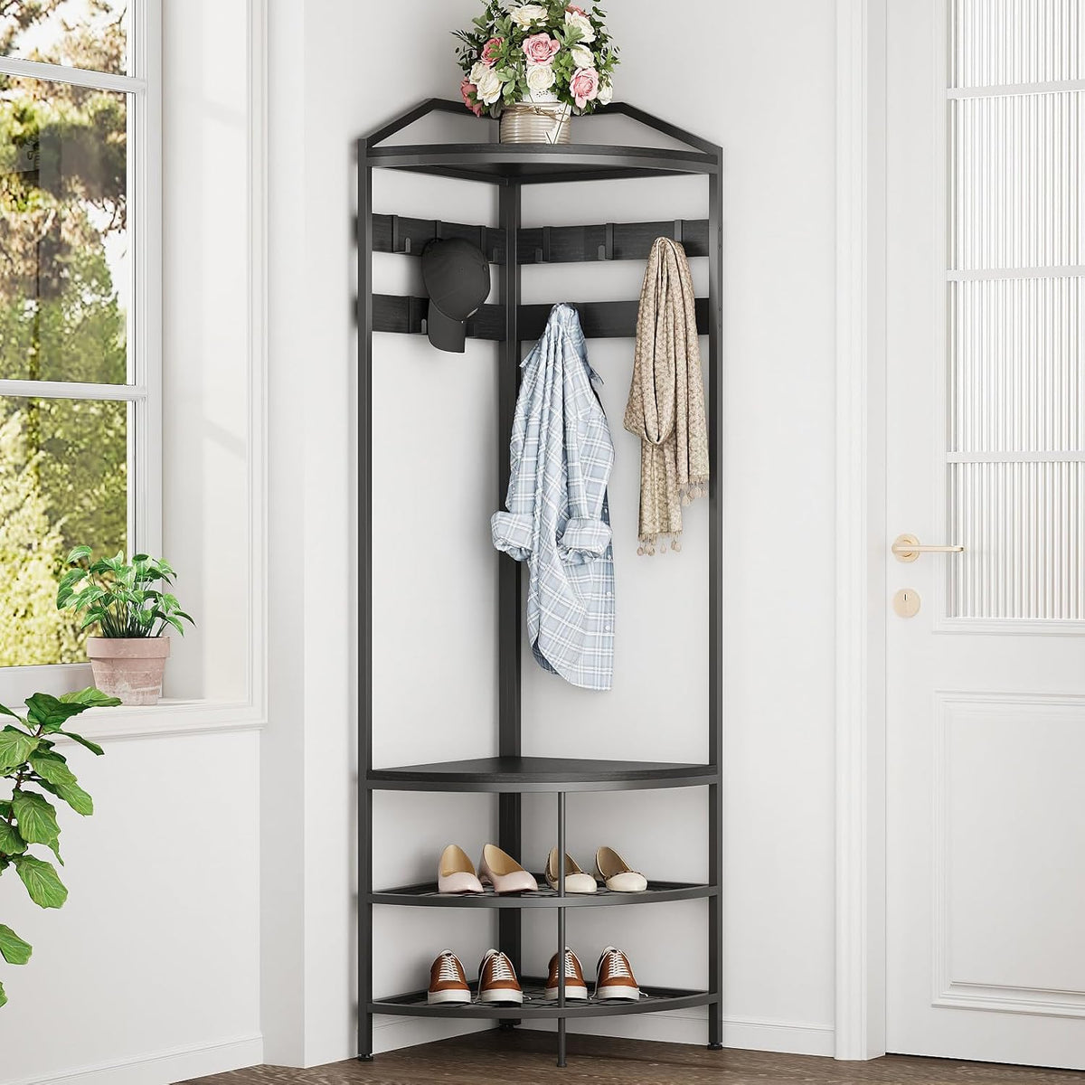 Cvortll 4-Tier Corner Coat Rack, Farmhouse Entryway Hall Tree with Shoe Storage and Hooks, Wood Corner Rack Clothes Shoe Shelf Organizer for Home