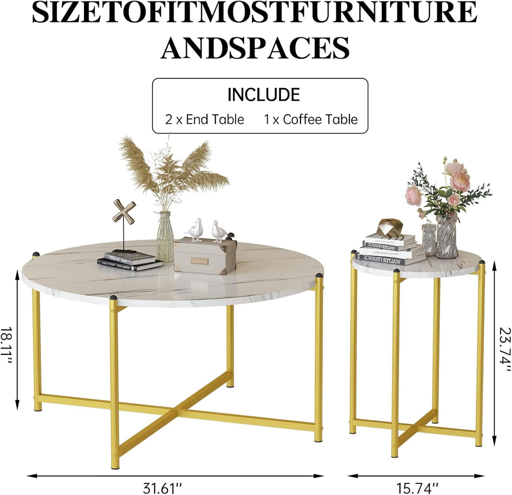 Cvortll Living Room Coffee Table Set, Faux Marble Table Top with Metal Legs