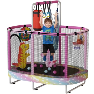 LinkRomat 7-in-1 60" Elliptic Trampoline for Kids, 500lbs Capacity Toddler Trampoline with Enclosure, Adjustable Height Handrail & Durable Designs for Boys & Girls, Indoor & Outdoor