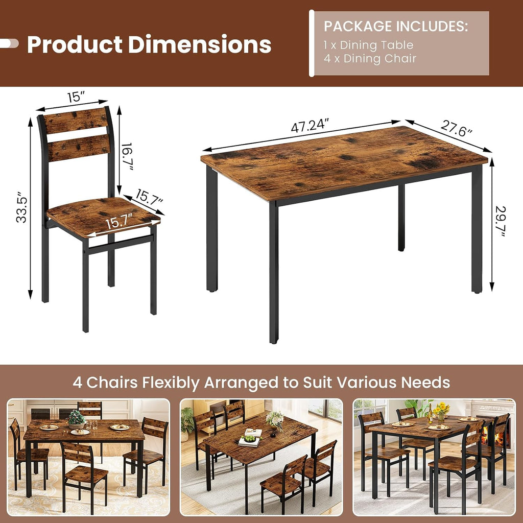 Cvortll 5 Piece Dining Table Set,47'' Table & 4 Ergonomic Chairs for Farmhouse & Kitchens or Apartments,Easy-Clean,Space-Saving,Rustic Brown