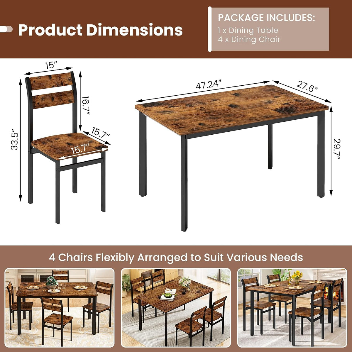 Cvortll 5 Piece Dining Table Set,47'' Table & 4 Ergonomic Chairs for Farmhouse & Kitchens or Apartments,Easy-Clean,Space-Saving,Rustic Brown