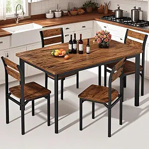 Cvortll 5 Piece Dining Table Set,47'' Table & 4 Ergonomic Chairs for Farmhouse & Kitchens or Apartments,Easy-Clean,Space-Saving,Rustic Brown