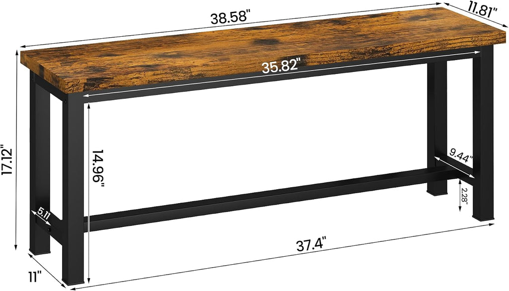Cvortll 2-Pieces Dining Bench, 39" Rustic Wood Dining Bench Set of 2, Indoor Bench with Metal Legs, Durable and Stable for Kitchen, Living Room, Bedroom, Brown