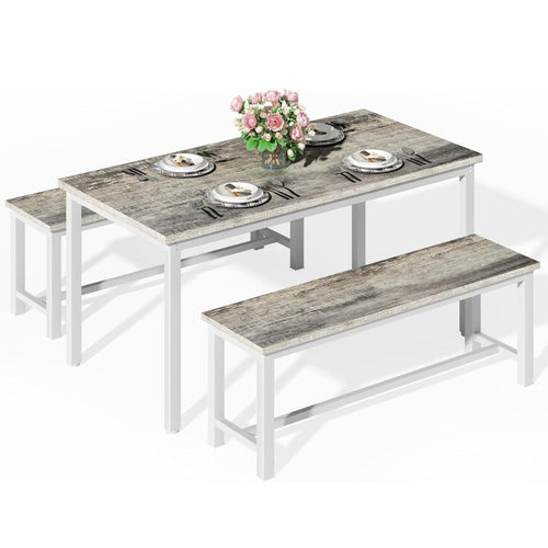 LinkRomat 3 Piece Dining Room Table Set for 4, 47" Farmhouse Dining Table with Benches, Rectangular Kitchen Sets for Small Space, Apartment, Restaurant