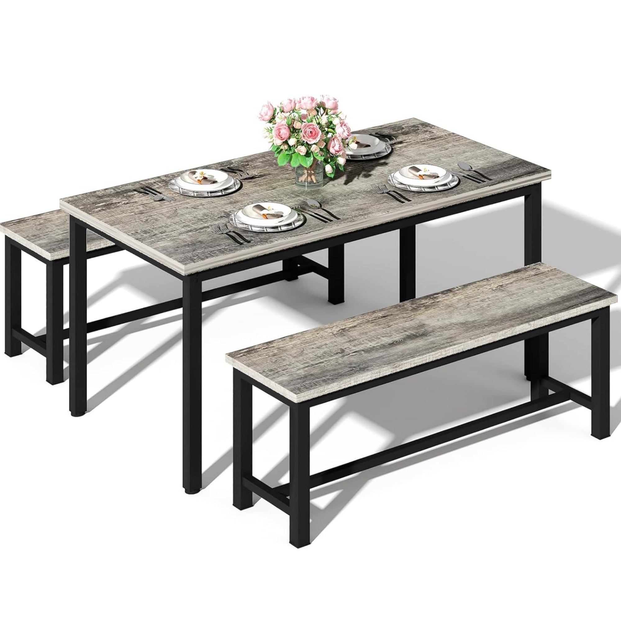LinkRomat 3 Piece Dining Room Table Set for 4, 47" Farmhouse Dining Table with Benches, Rectangular Kitchen Sets for Small Space, Apartment, Restaurant