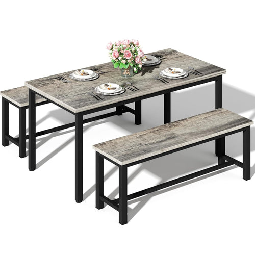 LinkRomat 3 Piece Dining Room Table Set for 4, 47" Farmhouse Dining Table with Benches, Rectangular Kitchen Sets for Small Space, Apartment, Restaurant