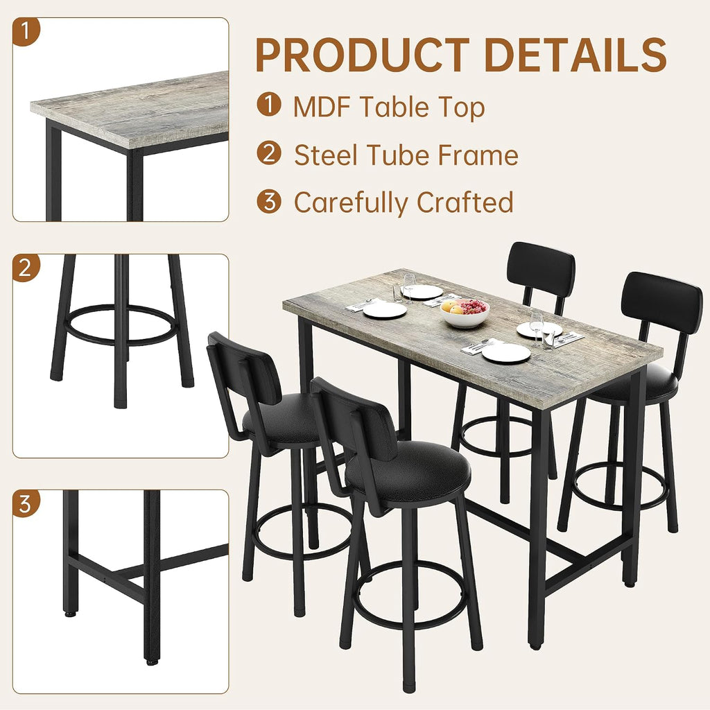 MOOSENG 4-Piece Counter Height Bar Table Dining Set with Metal Frame & 4 PU Stools, Space-Saving for Kitchen, Restaurant, Small Apartment