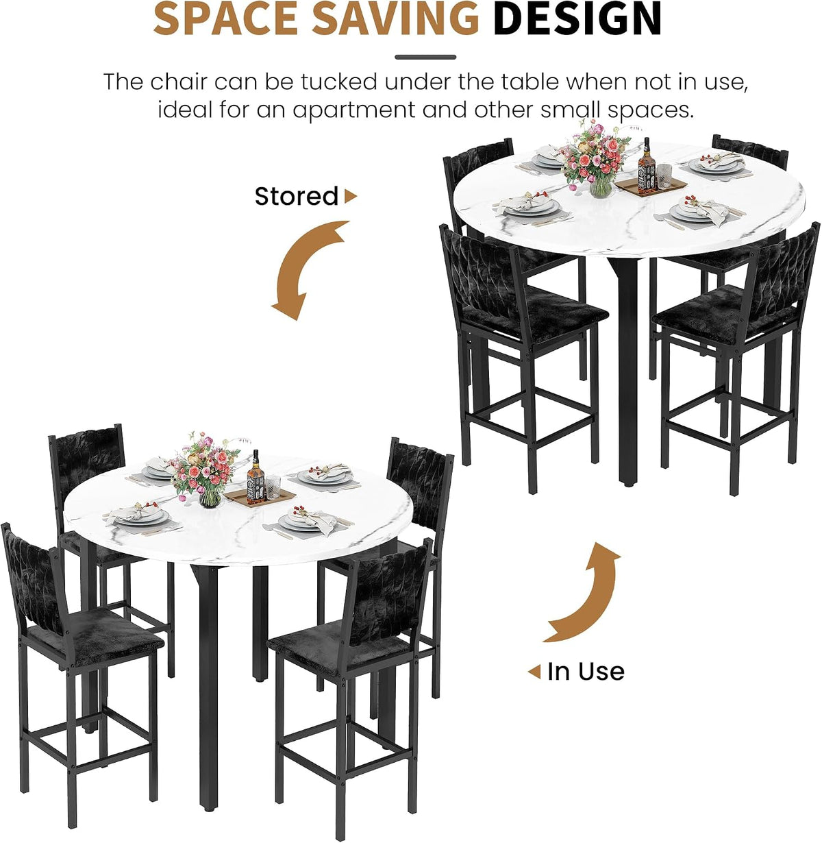 MOOSENG 5 Piece Round Dining Table Set for 4, Counter Height Dining Set with 4 Velvet Upholstered Chairs, Modern Kitchen Table Set, Round Dining Table & Chair for Small Spaces