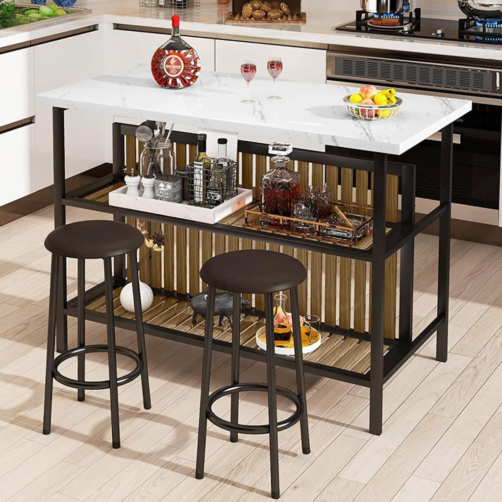 MOOSENG 3-Piece Kitchen Island Set with Storage, Wooden Bar Table and 2 Stools, Industrial Modern Counter Height Dining Table Sets for Small Spaces, Dining Room