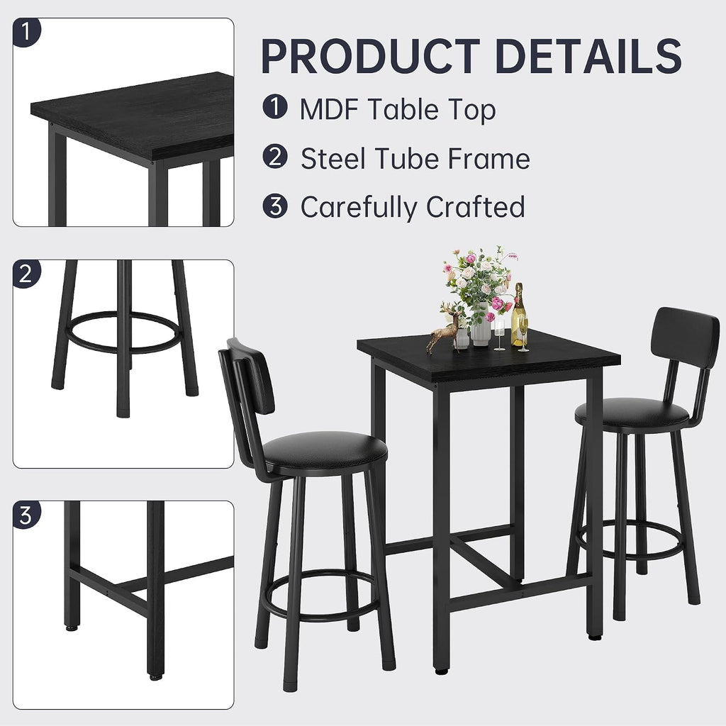 MOOSENG 3 Piece Counter Height Dining Table Set for 2, Bar Table Set of 2 Bistro Kitchen Table Sets with 2 PU Leather Bar Stools, Bar Table Set for Breakfast Nook Small Space