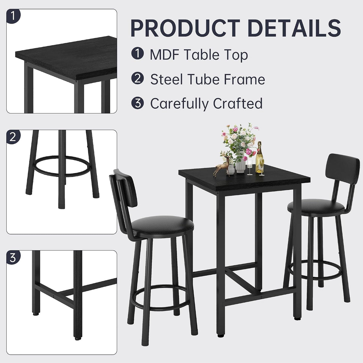 MOOSENG 3 Piece Counter Height Dining Table Set for 2, Bar Table Set of 2 Bistro Kitchen Table Sets with 2 PU Leather Bar Stools, Bar Table Set for Breakfast Nook Small Space