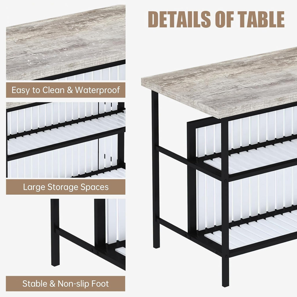 MOOSENG 3-Piece Kitchen Island Set with Storage, Wooden Bar Table and 2 Stools, Industrial Modern Counter Height Dining Table Sets for Small Spaces, Dining Room