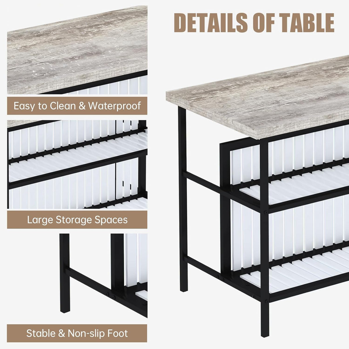 MOOSENG 3-Piece Kitchen Island Set with Storage, Wooden Bar Table and 2 Stools, Industrial Modern Counter Height Dining Table Sets for Small Spaces, Dining Room