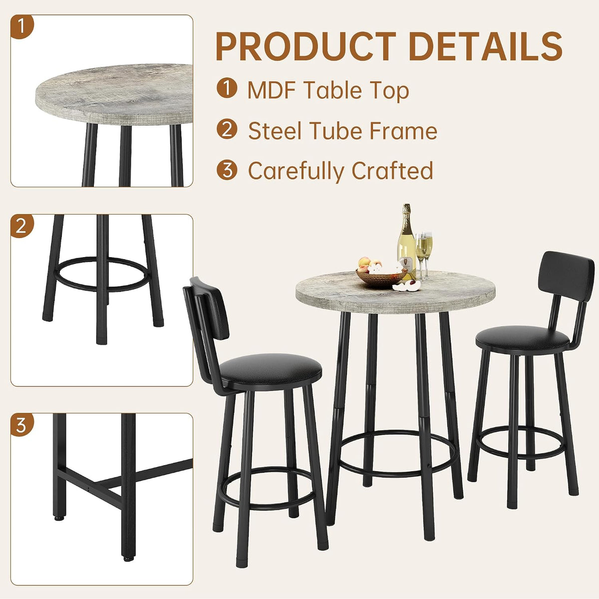 MOOSENG 3 Piece Counter Height Dining Table Set for 2, Bar Table Set of 2 Bistro Kitchen Table Sets with 2 PU Leather Bar Stools, Bar Table Set for Breakfast Nook Small Space
