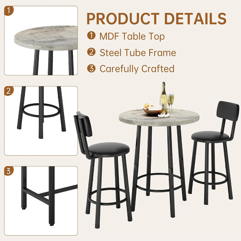 MOOSENG 3 Piece Counter Height Dining Table Set for 2, Bar Table Set of 2 Bistro Kitchen Table Sets with 2 PU Leather Bar Stools, Bar Table Set for Breakfast Nook Small Space