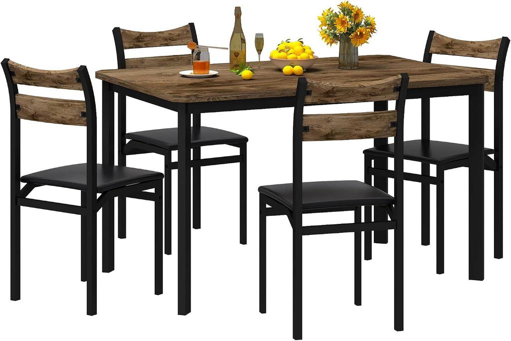 Cvortll Rectangle Wooden Dining Table Set for 4 with PU Leather Chairs, Modern Kitchen Table Set, Brown