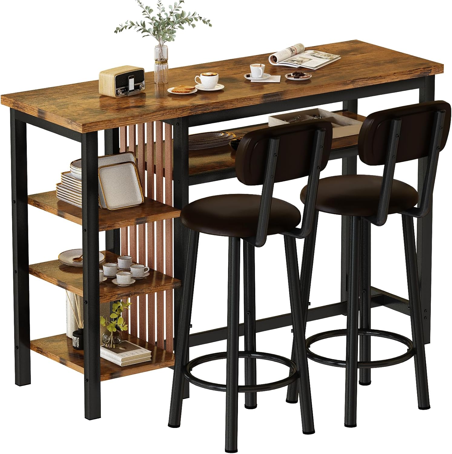LinkRomat Bar Table Set, Modern Kitchen Dining Table with 4 Storage Shelves and 2 PU Back Stools for Kitchen and Breakfast Nook, Expandable 59 Inch