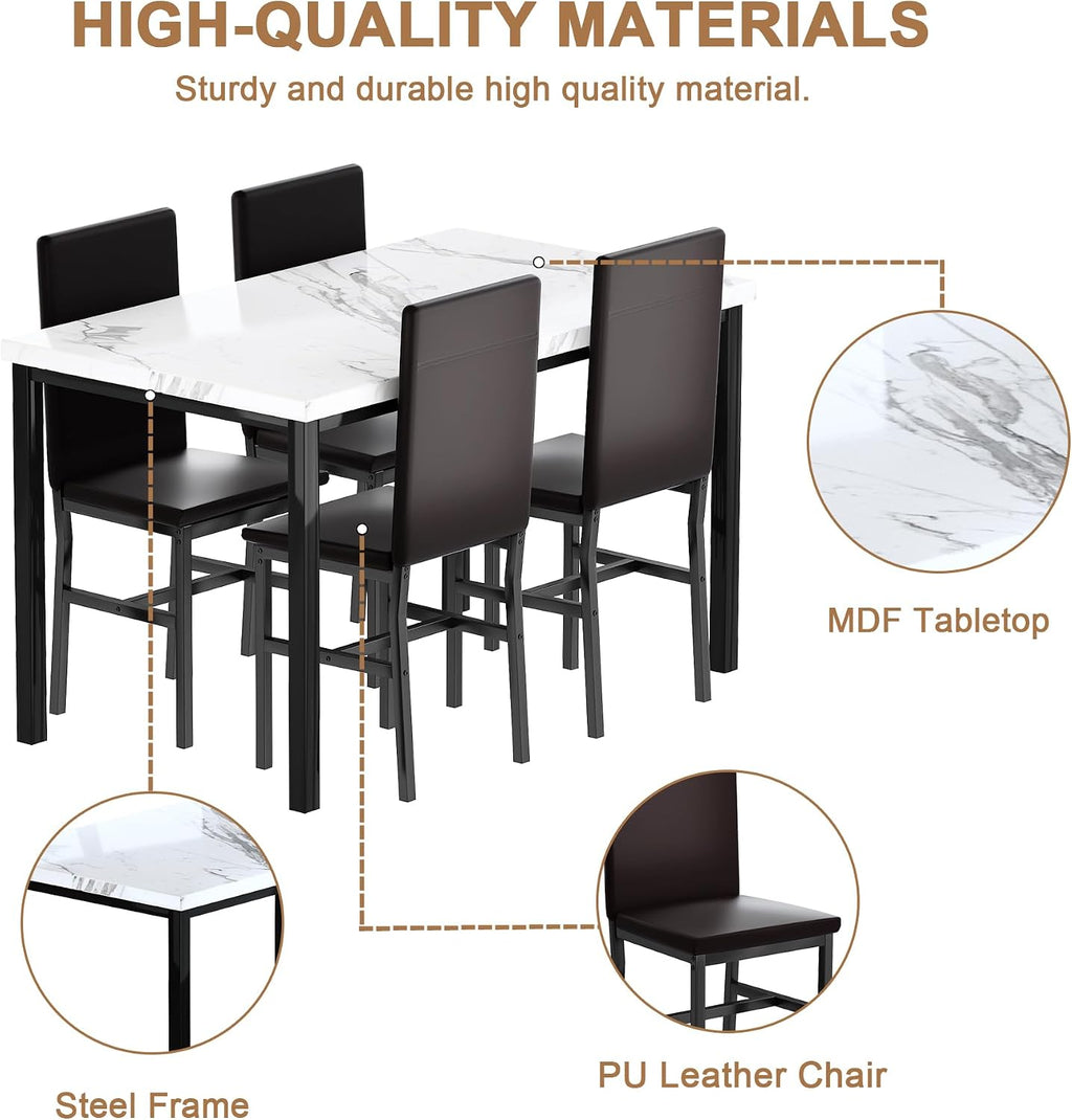 Cvortll Dining Room Table Set Modern Dining Table Set for 4 Kitchen Table and Chairs Faux Marble Dinner Table & 4 PU Leather Upholstered Chairs Dinning Table Sets for 4 Kitchen & Dining Room Sets