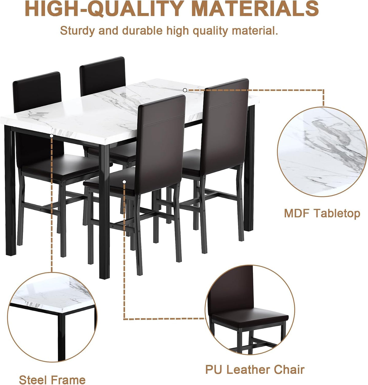 Cvortll Dining Room Table Set Modern Dining Table Set for 4 Kitchen Table and Chairs Faux Marble Dinner Table & 4 PU Leather Upholstered Chairs Dinning Table Sets for 4 Kitchen & Dining Room Sets