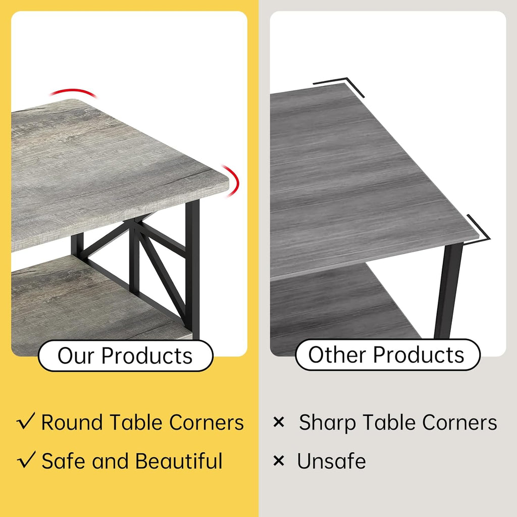 MOOSENG Coffee Table with Storage Shelf, 2-Tier Industrial Living Room Table Round Corners , Faux Marble Center Table with Metal Frame, Rustic Cocktail Table for Living Room