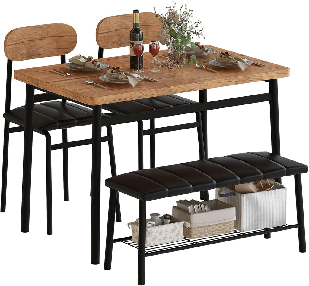 LinkRomat 4-Piece Dining Table Set with Bench & Chairs, Industrial Kitchen Table for 4, Metal Frame with Storage Rack, for Small Space, Apartment
