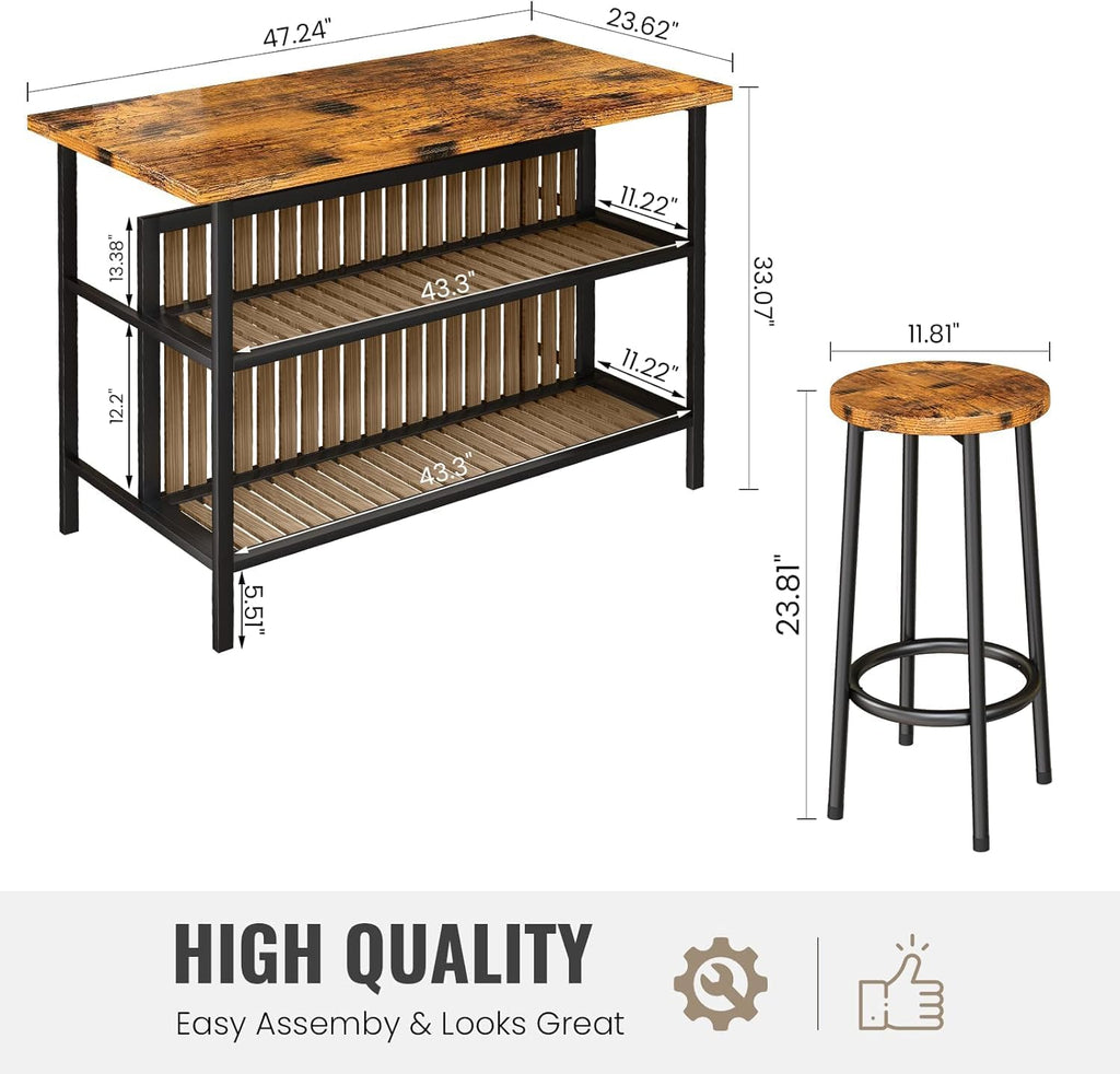 MOOSENG 3-Piece Kitchen Island Set with Storage, Wooden Bar Table and 2 Stools, Industrial Modern Counter Height Dining Table Sets for Small Spaces, Dining Room