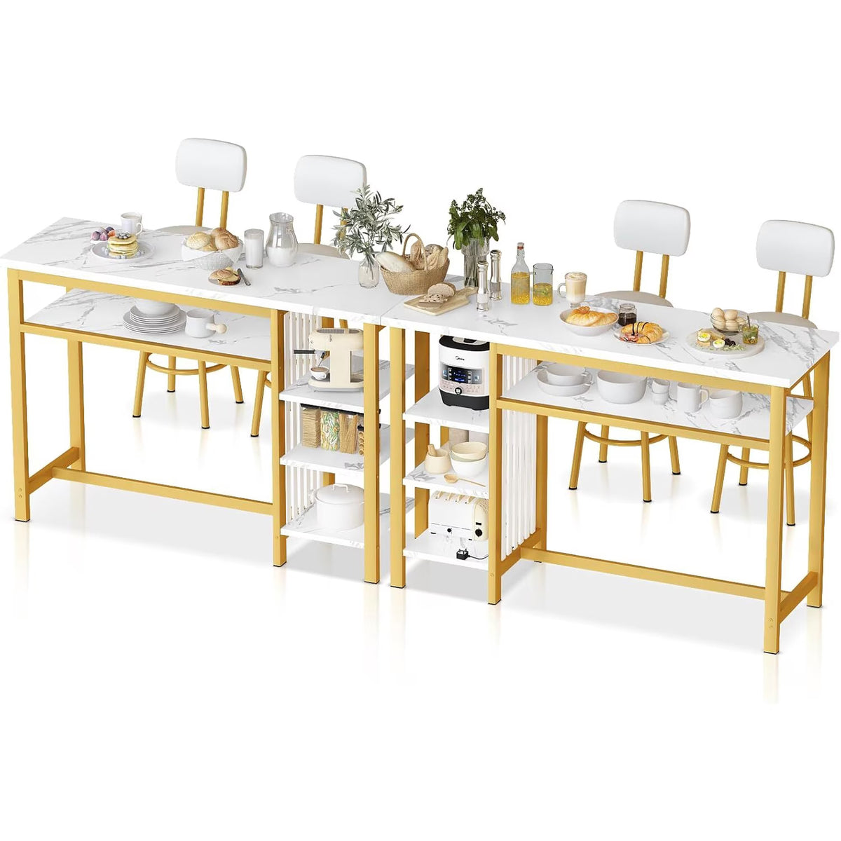 MOOSENG 3-Piece Bar Table and Chairs Set, Faux Marble Kitchen Counter Table with 2 PU Upholstered Bar Stools, Bistro Table with 3-Tier Storage Shelves, Space Saving for Small Space