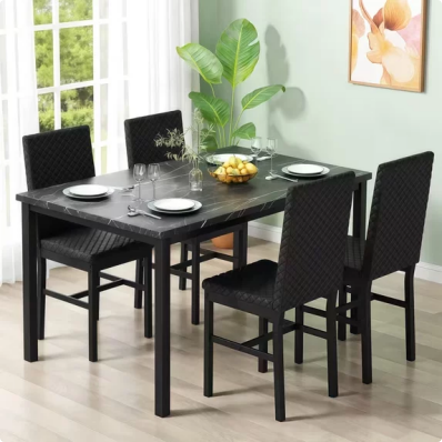 LinkRomat 5 Pieces Dining Table Set for 4, Small Dining Room Sets with Faux Marble Table & Velvet Chairs, Kitchen Table Set with Chair for 4, Black