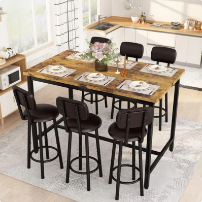 7-Piece Dining Table Set for 6, 50" Wood High-Dining Bistro Set with 6 Backrest Cushion Stools, Saving Space Pub and Chairs Sets for Bar, Kitchen, Brown