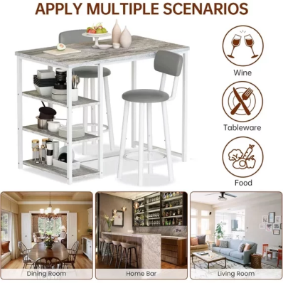 Cvortll Dining Table Set for 2, Marble Counter Height Pub Table with 2 PU Leather Backrest Stools & 3 Storage Shelves, Bar and Chairs Set for Small Space Dining Room, Kitchen, Bar (Grey)